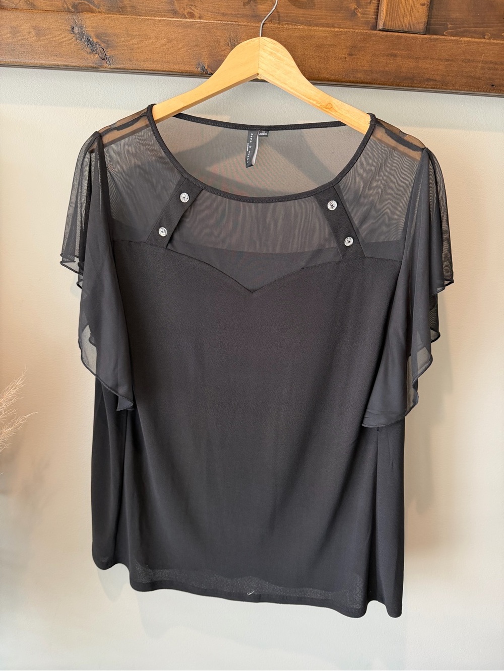 Sheer Yoke Flutter Sleeve Blouse - Black